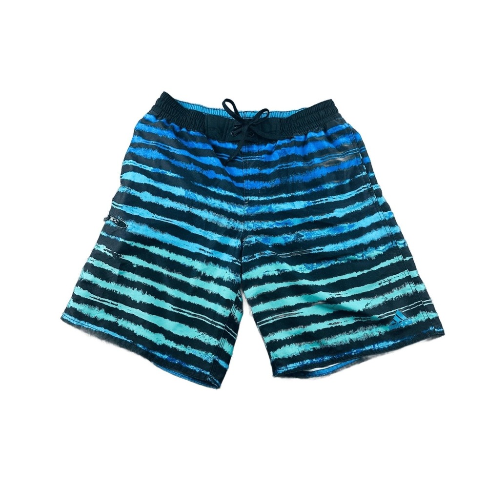 Adidas Swim Trunks Men M Blue Black Regular Striped Lined Summer Athletic Surf